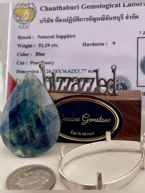 51ct Blue Sapphire‼️ BLUE Yellow Gray loose Pear cut Myanmar Pendant necklace